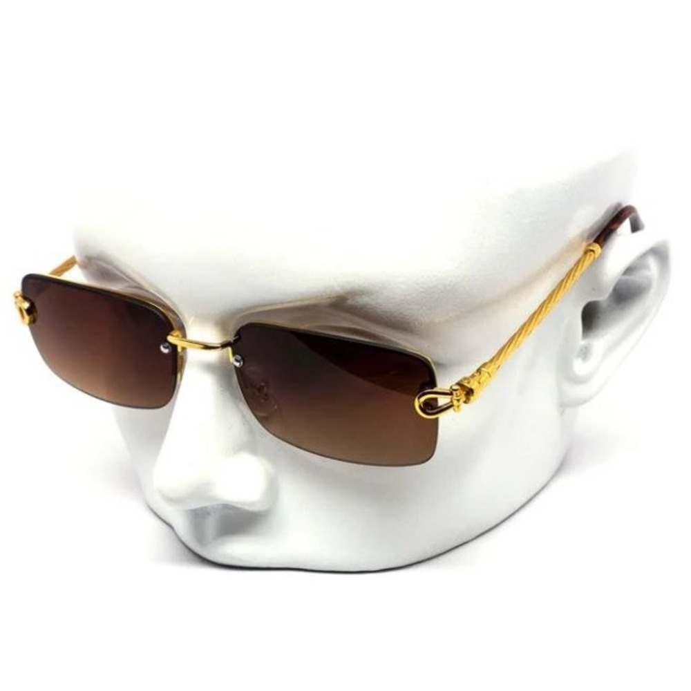 Rimless Sunglasses Gold Accents Brown Lens Rectangle Frame Men Fashion Retro New
